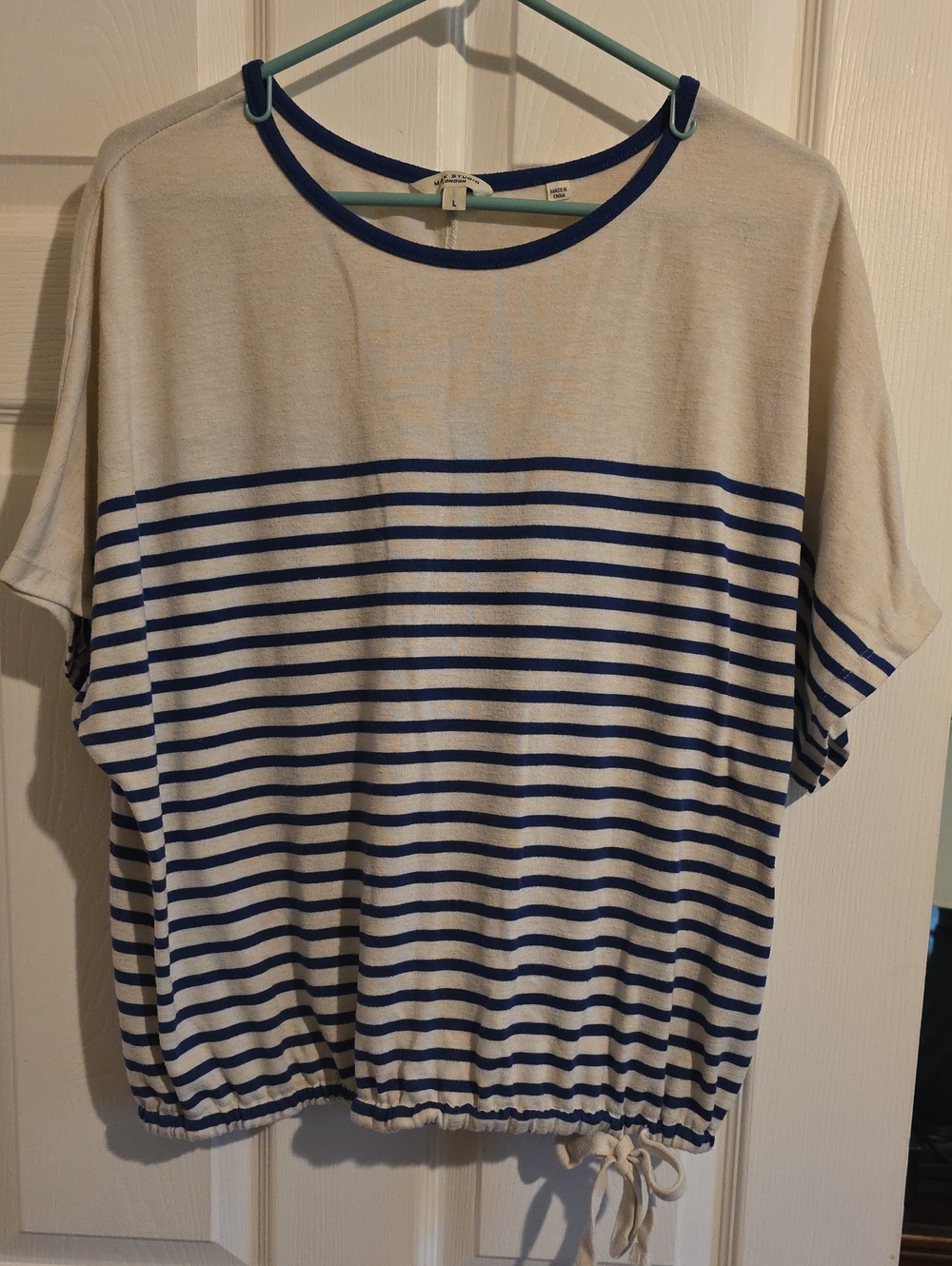 Max Studio Navy and Cream Striped Drawstring Tee
